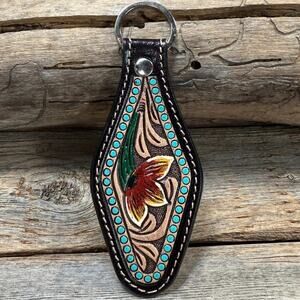 Floral Tooled Leather Hand Painted Key Chain Bag Charm